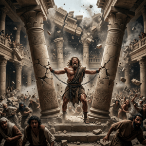 Chained muscular warrior pulls apart cracked temple pillars amid falling rubble and fleeing crowds