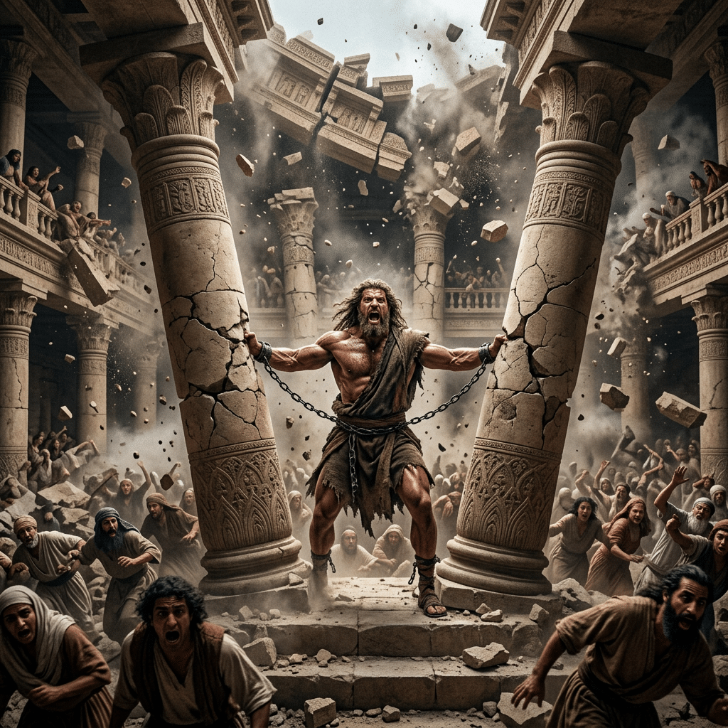 Chained muscular warrior pulls apart cracked temple pillars amid falling rubble and fleeing crowds